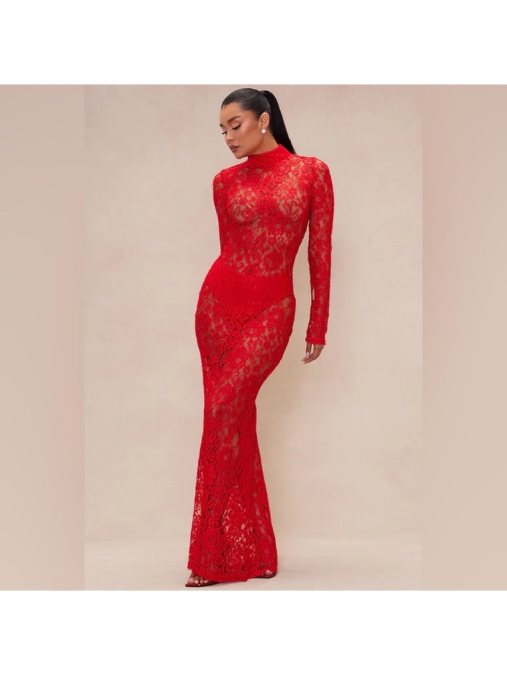 Fashion Nova Red Lace Long-Sleeve Mermaid Gown